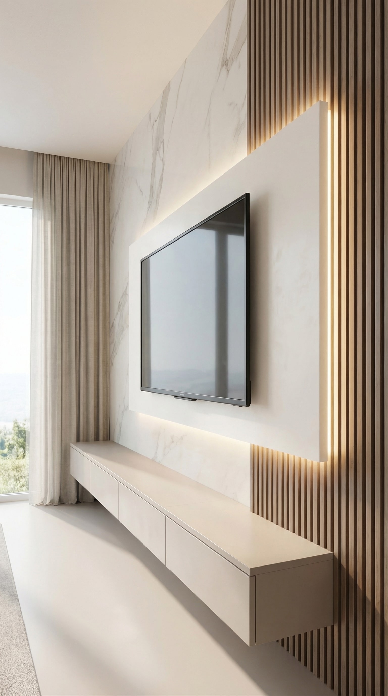 Un elegante pannello TV a parete con illuminazione indiretta Un elegante pannello TV a parete con illuminazione indiretta
