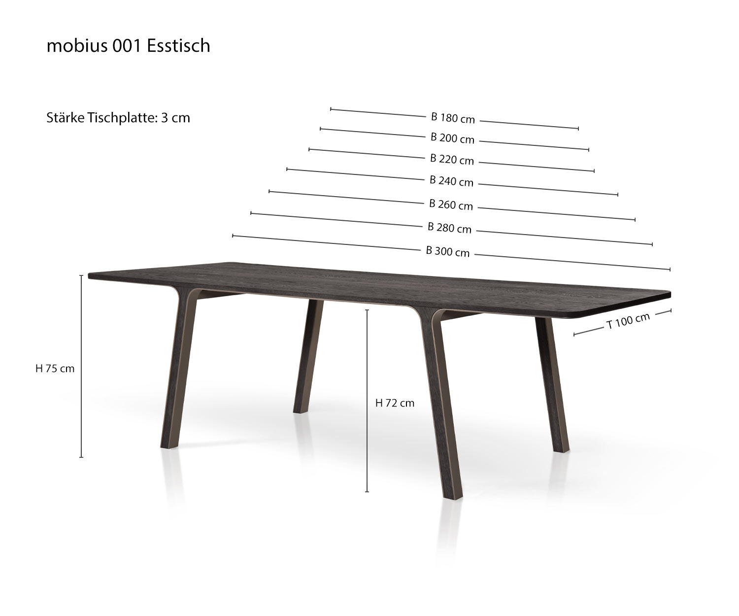 Tavolo di design per la sala da pranzo mobius 001 da al2 Schizzo Dimensioni Dimensioni Specifiche