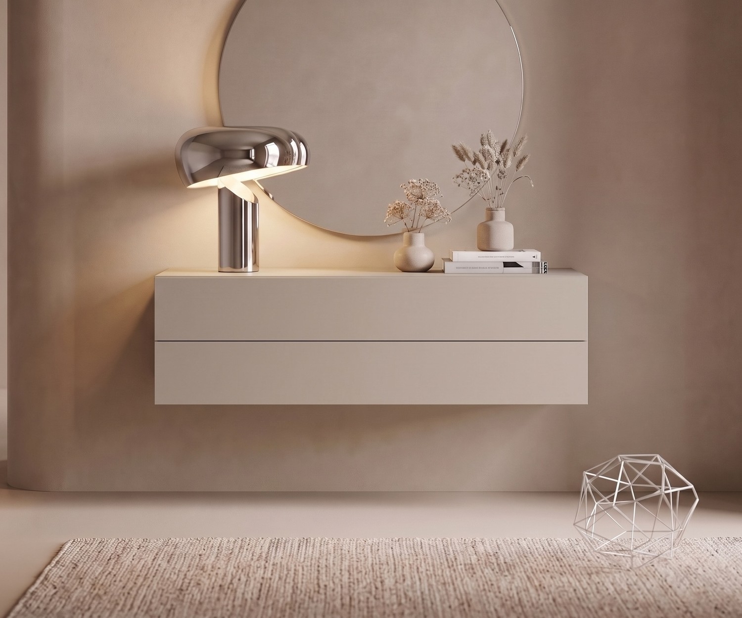 Cassettiera sospesa Novamobili Easy color sabbia Cassettiera sospesa Novamobili Easy in corridoio, moderno comò sospeso color sabbia con due cassetti in stile minimalista.