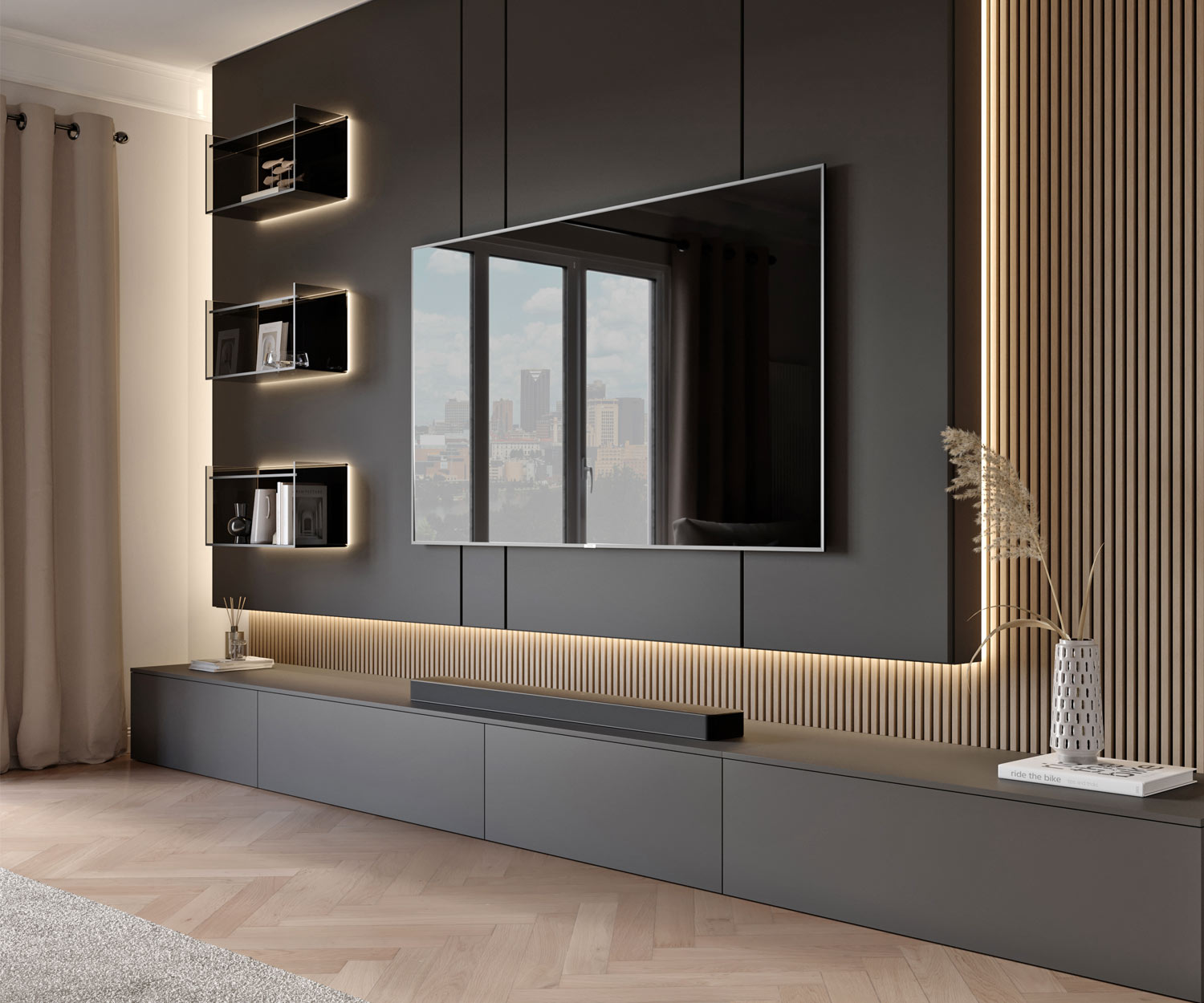 Design TV design lowboard floor-standing laccato grigio scuro opaco