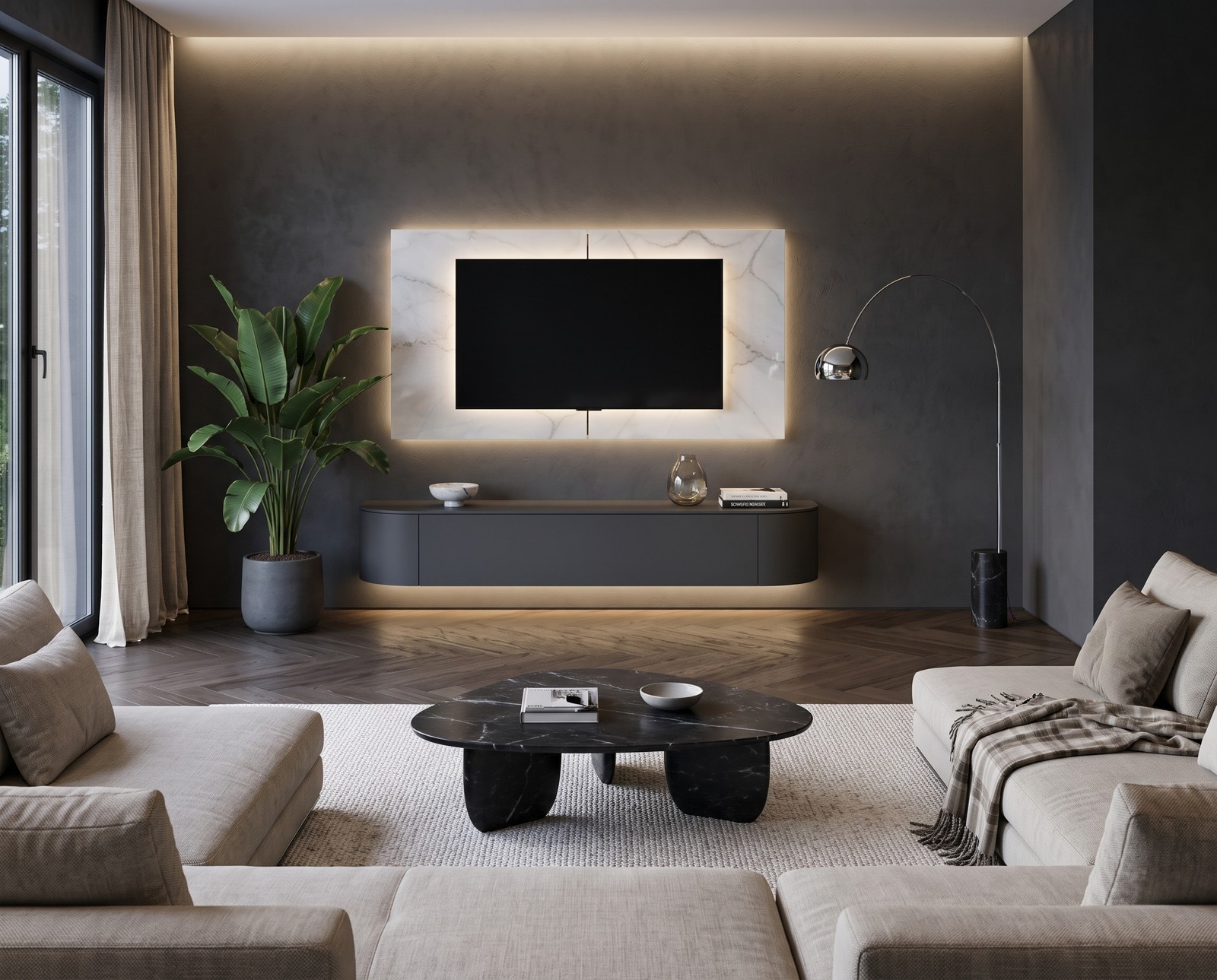 Novamobili Lowboard Tondora in Dunkelgrau matt, B 210 cm, hängend im Wohnzimmer, mit Keramik-TV-Paneel