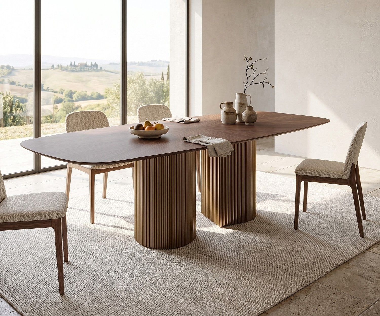 Tavolo da pranzo ovale al2 dakry b 001 in legno con basamento metallico cannettato in una sala da pranzo moderna.