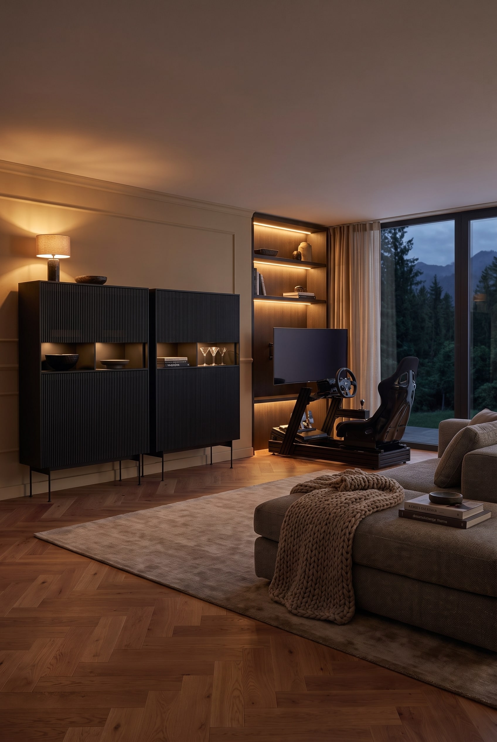 Ein hohes, elegant geriffeltes Highboard aus Walnussholz, dessen geschlossene Türen massiven Stauraum für sperrige Gaming-Hardware bieten.