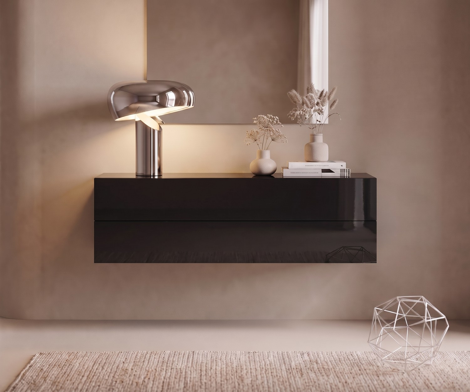 Cassettiera Sospesa Novamobili Easy Nero Lucido Cassettiera sospesa Novamobili Easy in nero lucido, moderna console sospesa per ingresso con due cassetti.