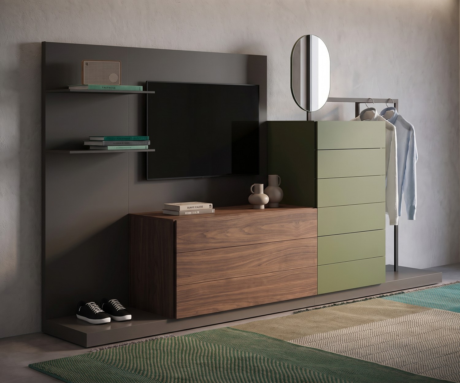 Cassettiera con guardaroba e pannello TV Novamobili Easy 9 Cassettiera con guardaroba Novamobili Easy 9 e pannello TV. Mobile componibile in legno e verde oliva in camera da letto.