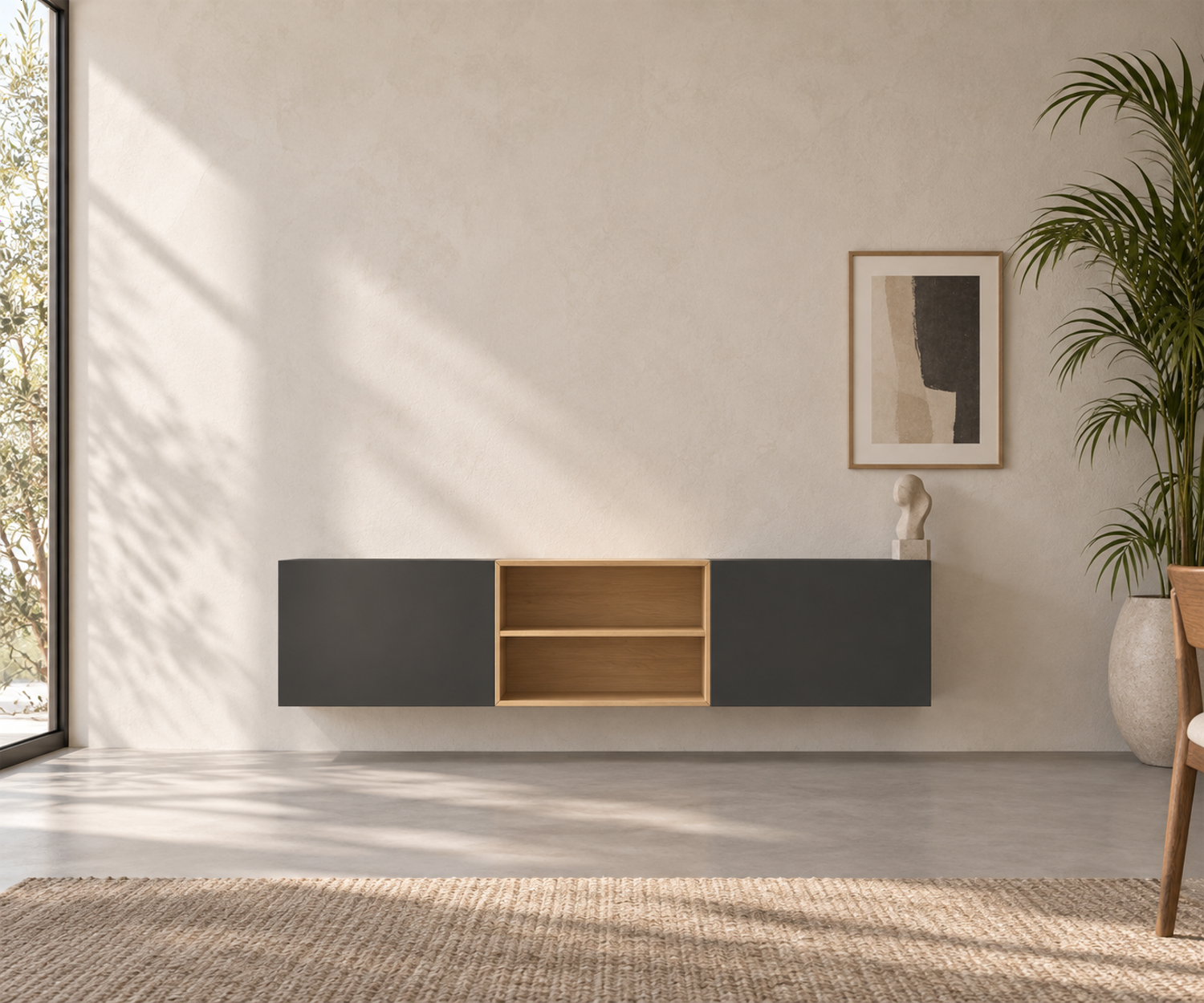 Livitalia Box 18 Madia sospesa 180 cm – Grigio scuro opaco + Rovere chiaro