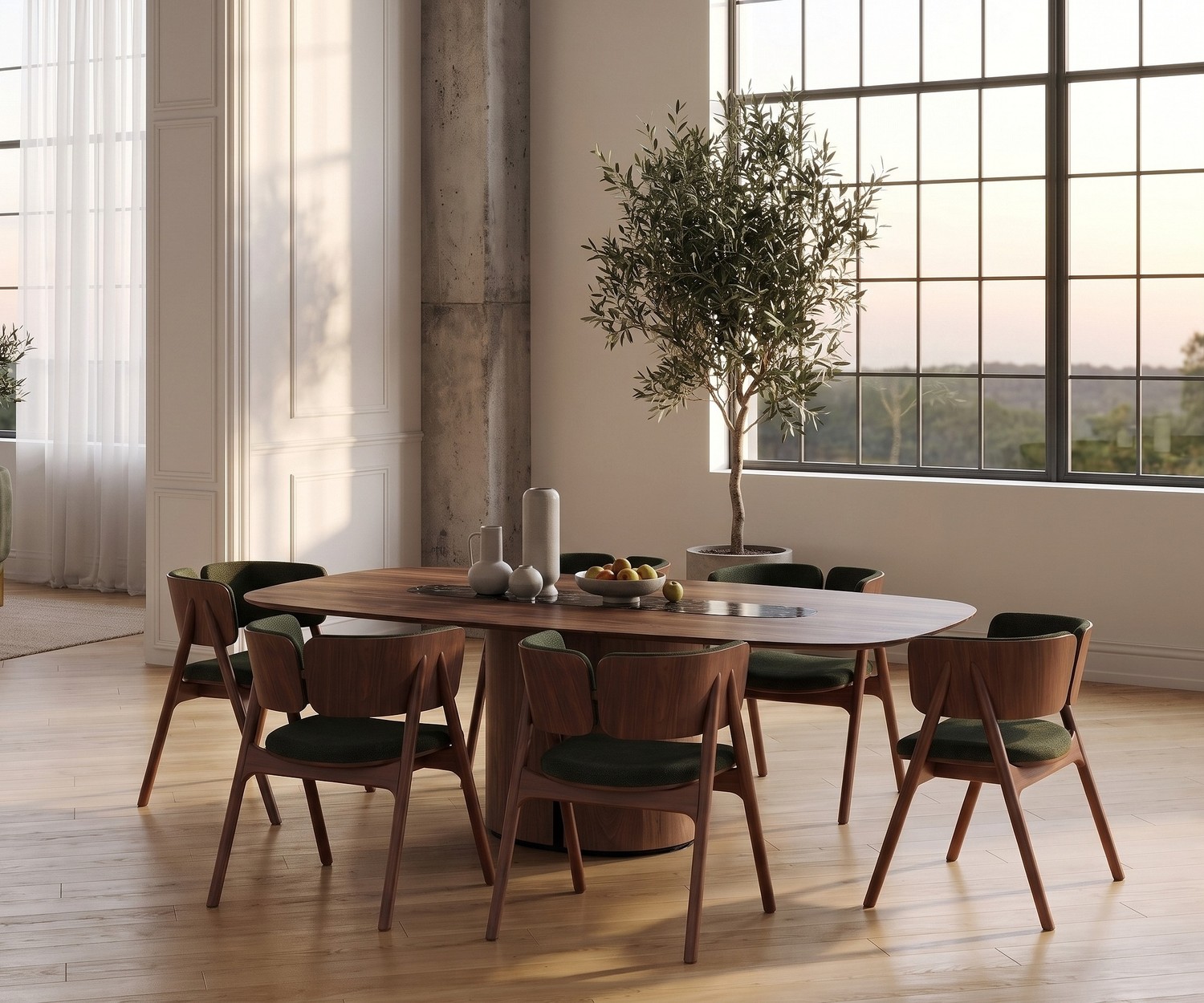 Tavolo da pranzo di design ovale al2 el-it c 001 con base in legno Tavolo da pranzo al2 el-it c 001 con piano in ceramica scura e base in legno in una sala da pranzo minimalista.