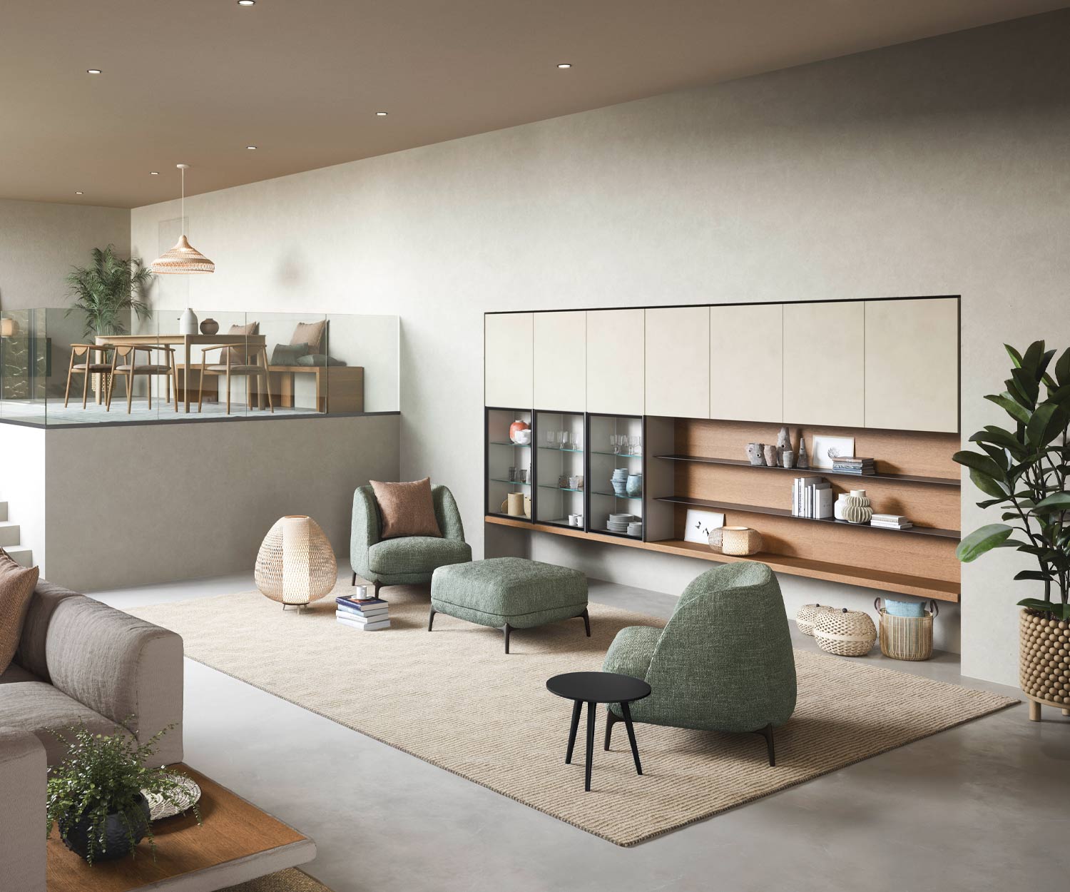 Tavolino nero di design a forma di trio da Novamobili accanto al divano Tavolino nero di design a forma di trio da Novamobili accanto al divano