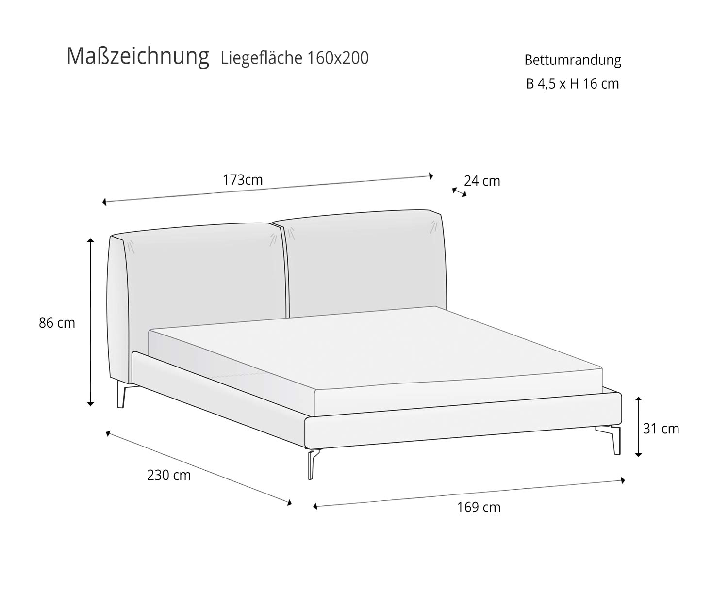 Letto di design Margot da Novamobili Schizzo Dimensioni Dimensioni Superficie di sdraio 160x200 Superficie di sdraio Letto di design Margot da Novamobili Schizzo Dimensioni Dimensioni Superficie di sdraio 160x200 Superficie di sdraio