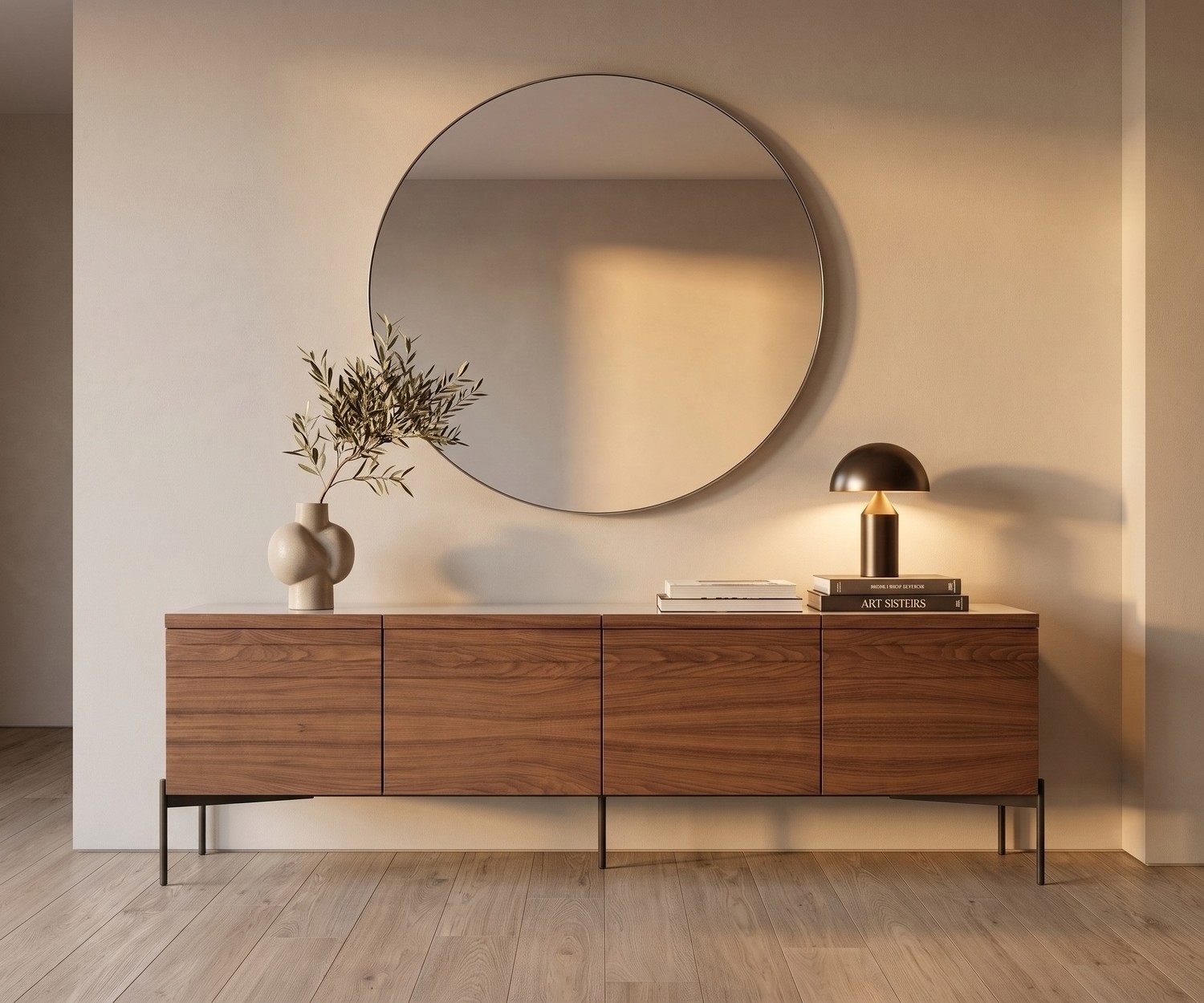 Madia in legno di design al2 o-rizon 003 Madia di design in legno al2 o-rizon 003 per il soggiorno moderno, abbinata a un grande specchio rotondo da parete.