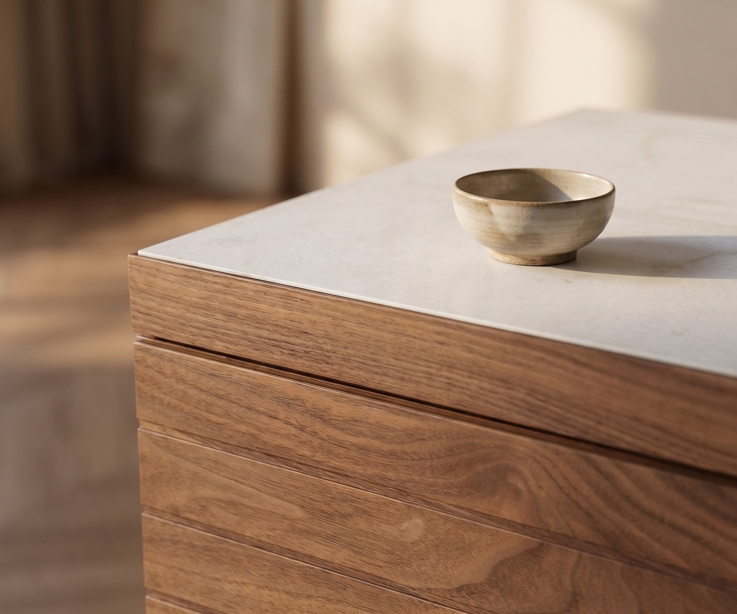 Credenza da soggiorno al2 o-rizon 003 in legno con elegante piano in marmo in stile minimalista e luminoso.