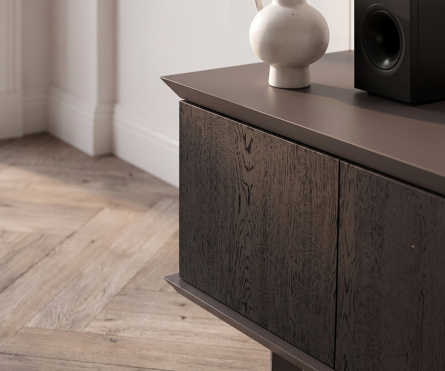 Mobile TV lowboard Ozzio Brera in rovere nero per un soggiorno moderno. Elegante madia di design italiano.