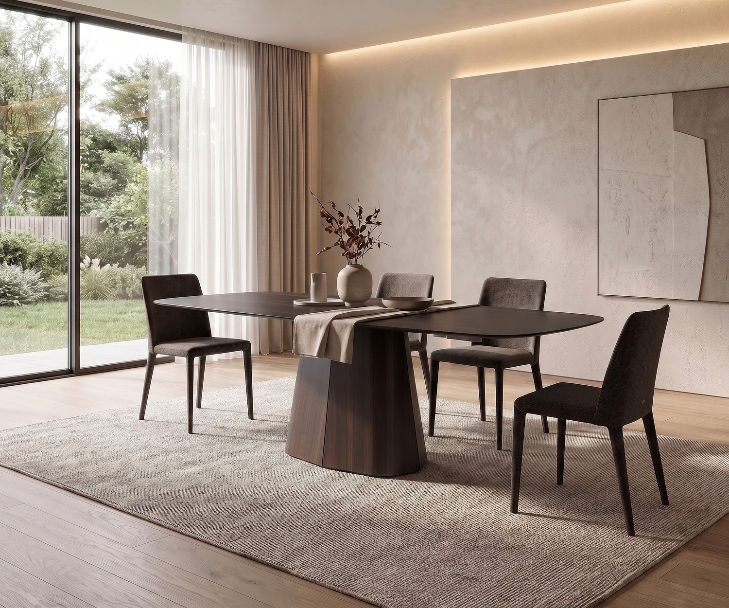 Tavolo da pranzo al2 tessera 001 per cenare con stile, tavolo ovale di design in legno scuro in soggiorno.