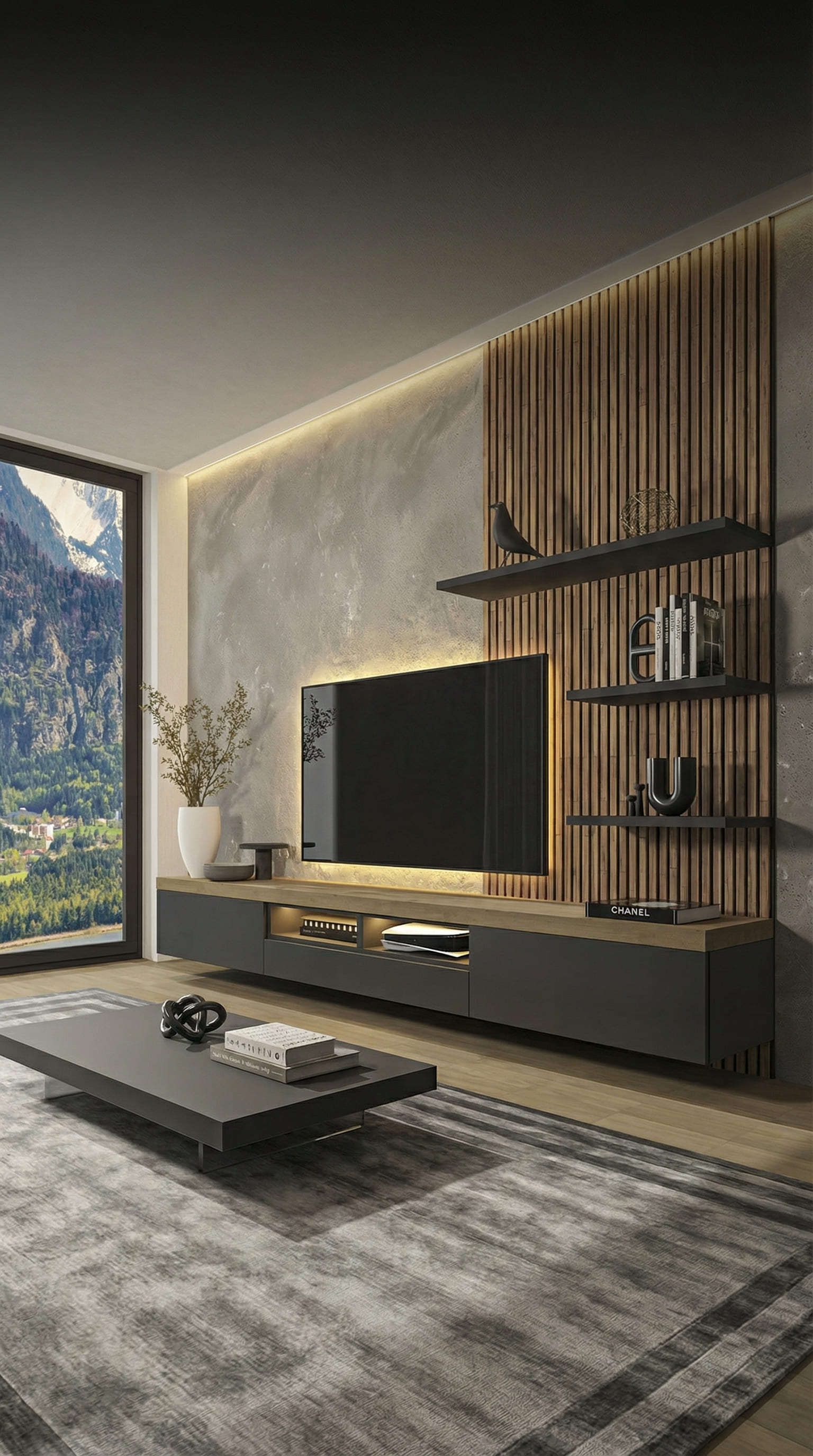 Parete attrezzata TV moderna con vano aperto per console di gioco e illuminazione indiretta