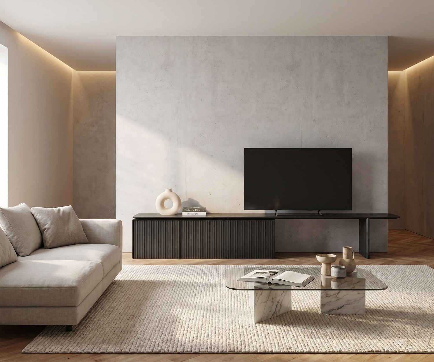 Credenza Punt Velasca come moderno mobile TV in legno nero in un soggiorno minimalista.