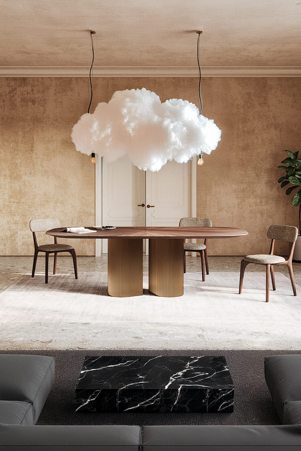 soggiorno-con-tavolo-da-pranzo-posizionato-centralmente-dal-design-insolito-e-sedie-classiche-in-legno