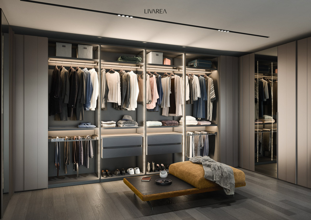 Lussuosi armadi da incasso in laccato grigio con doppi cassetti e ante a specchio Lussuosi armadi da incasso in laccato grigio con doppi cassetti e ante a specchio