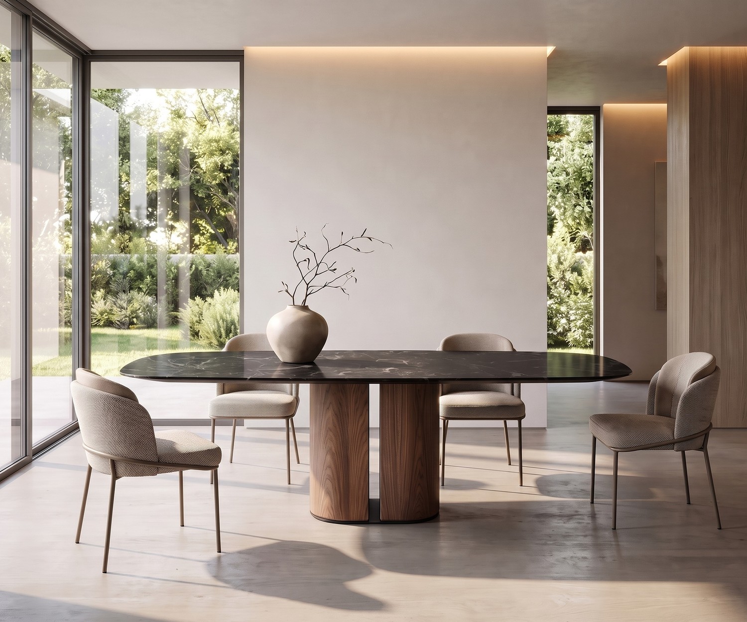 Tavolo da pranzo al2 el-it c 001 con piano in ceramica scura e base in legno in una sala da pranzo minimalista.