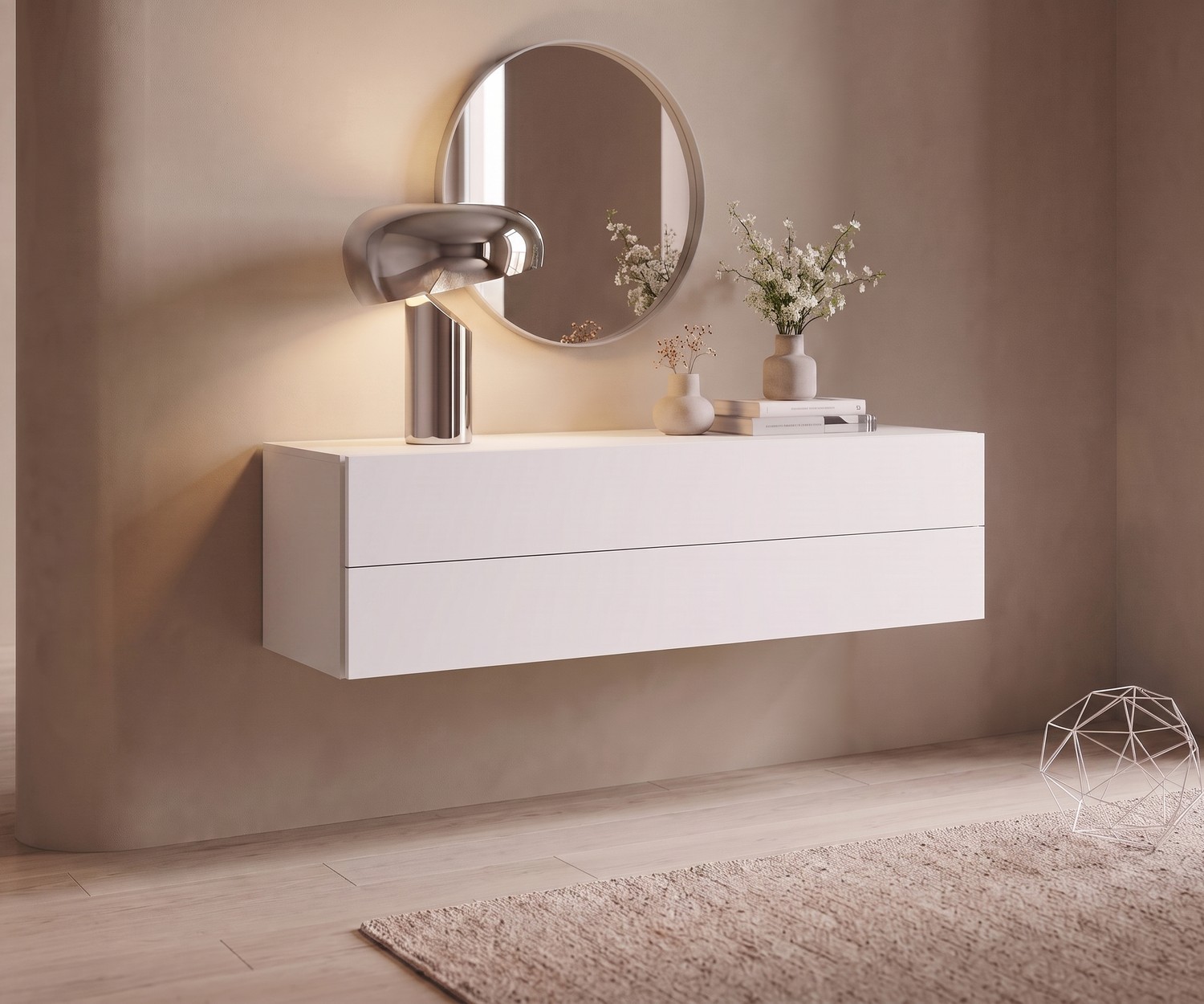 Cassettiera sospesa Novamobili Easy bianca Cassettiera sospesa Easy di Novamobili, moderna madia sospesa bianca per ingresso o soggiorno in stile minimalista.