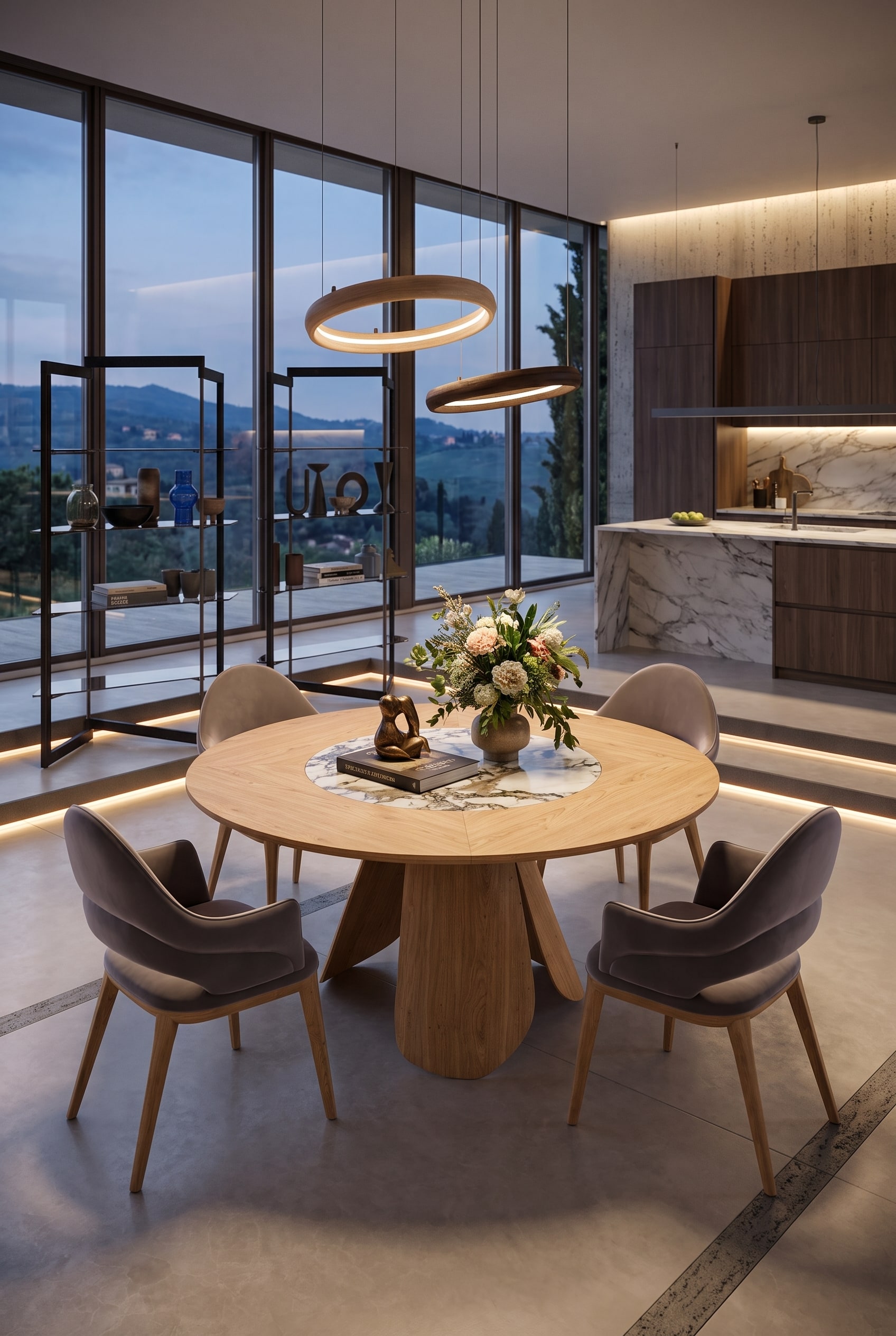 Modernes Esszimmer mit einem runden Esstisch und einem skulpturalen, verdrehten Holzgestell, dazu vier elegante Samtst&uuml;hle