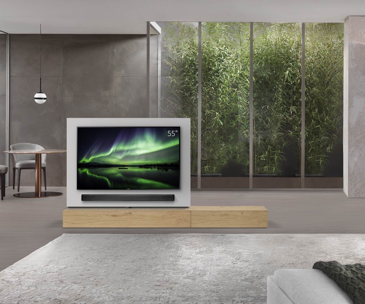 Livitalia Divisorio basso Roto design con pannello TV orientabile L150 65 H25 P47 EiHe B90re oBox