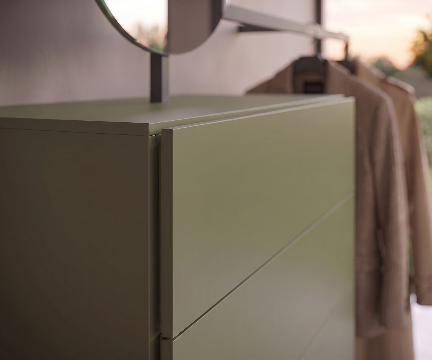 Cassettiera Novamobili Easy 9 per ingresso e camera, moderno guardaroba verde oliva con cassetti e appendiabiti.