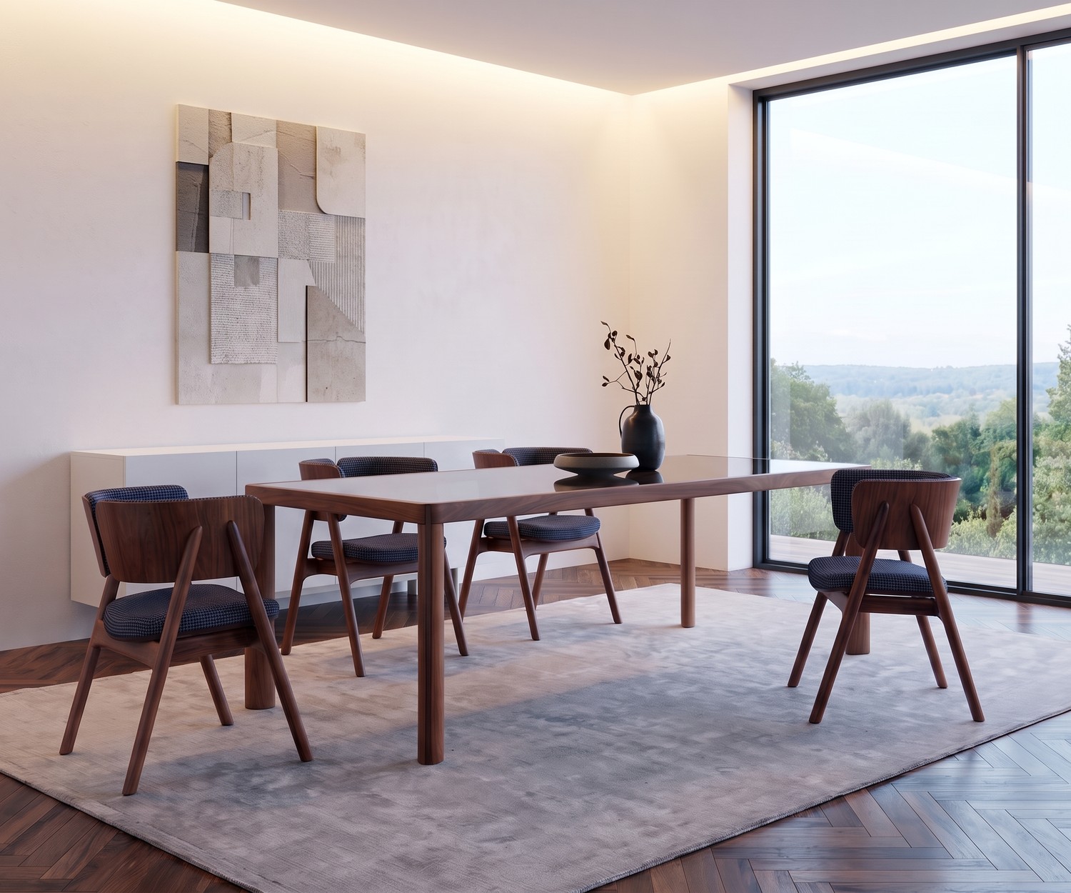 Tavolo da pranzo al2 ka-bera 001 b in una sala da pranzo moderna. Elegante tavolo in legno scuro con sedie abbinate.
