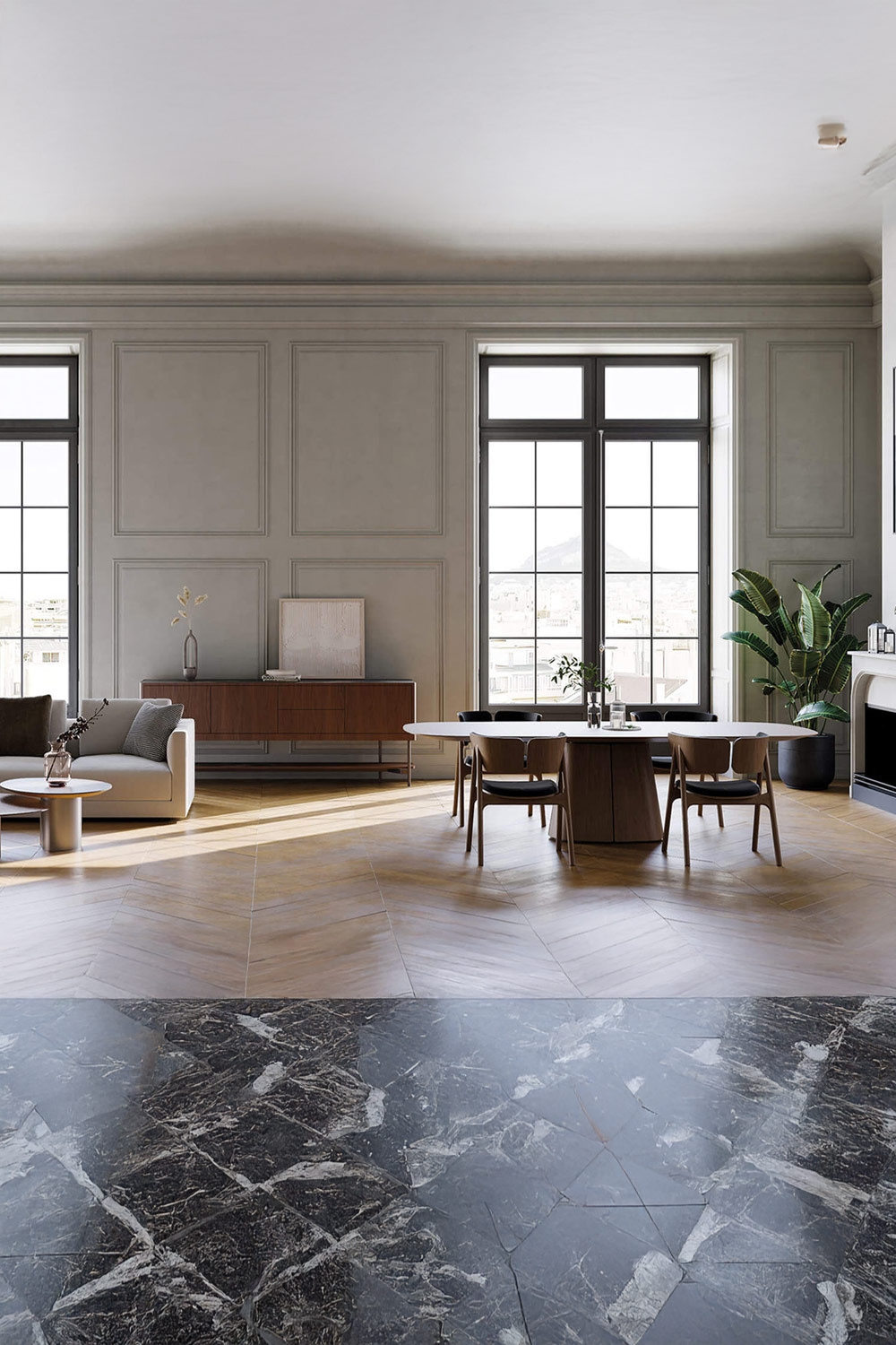 tavolo-da-pranzo-vistoso-con-base-centrale-in-un-ampio-soggiorno-e-sala-da-pranzo