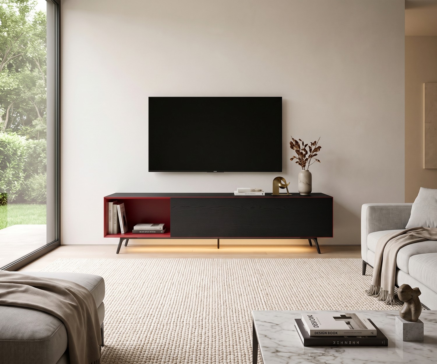 Mobile TV sospeso Livitalia Minimal in rovere scuro con illuminazione LED per un soggiorno moderno dal design minimale.