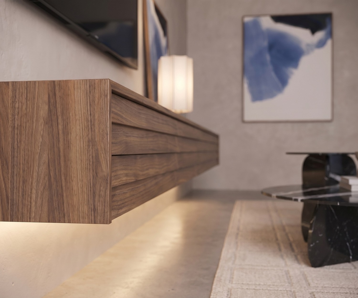 Mobile TV sospeso Punt Sussex Configuratore in noce Mobile TV sospeso Punt Sussex Configuratore in noce, perfetto per un soggiorno moderno ed elegante con illuminazione LED.