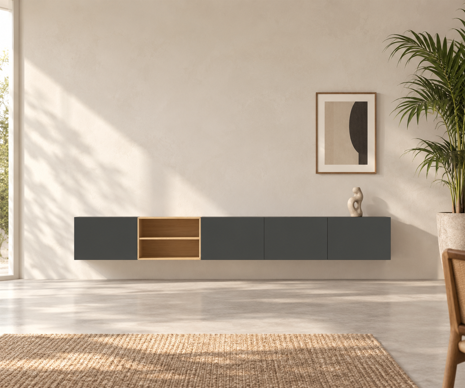 Livitalia Box 18 Madia sospesa 300 cm – Grigio scuro opaco + Rovere chiaro