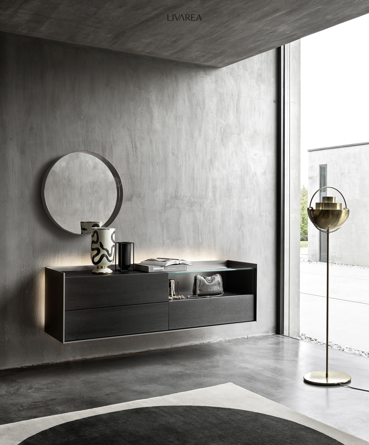 Corridoio Cassetti Armadio a muro in rovere impiallacciato Scomparto aperto Corridoio Cassetti Armadio a muro in rovere impiallacciato Scomparto aperto