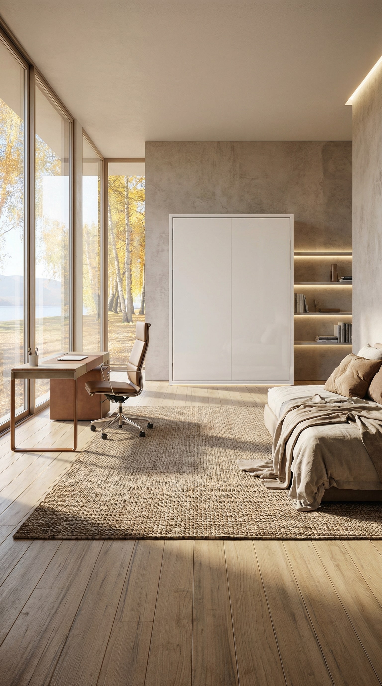 Moderno studio che si trasforma in una camera per gli ospiti completa grazie a un elegante letto a scomparsa Clei Penelope 2.