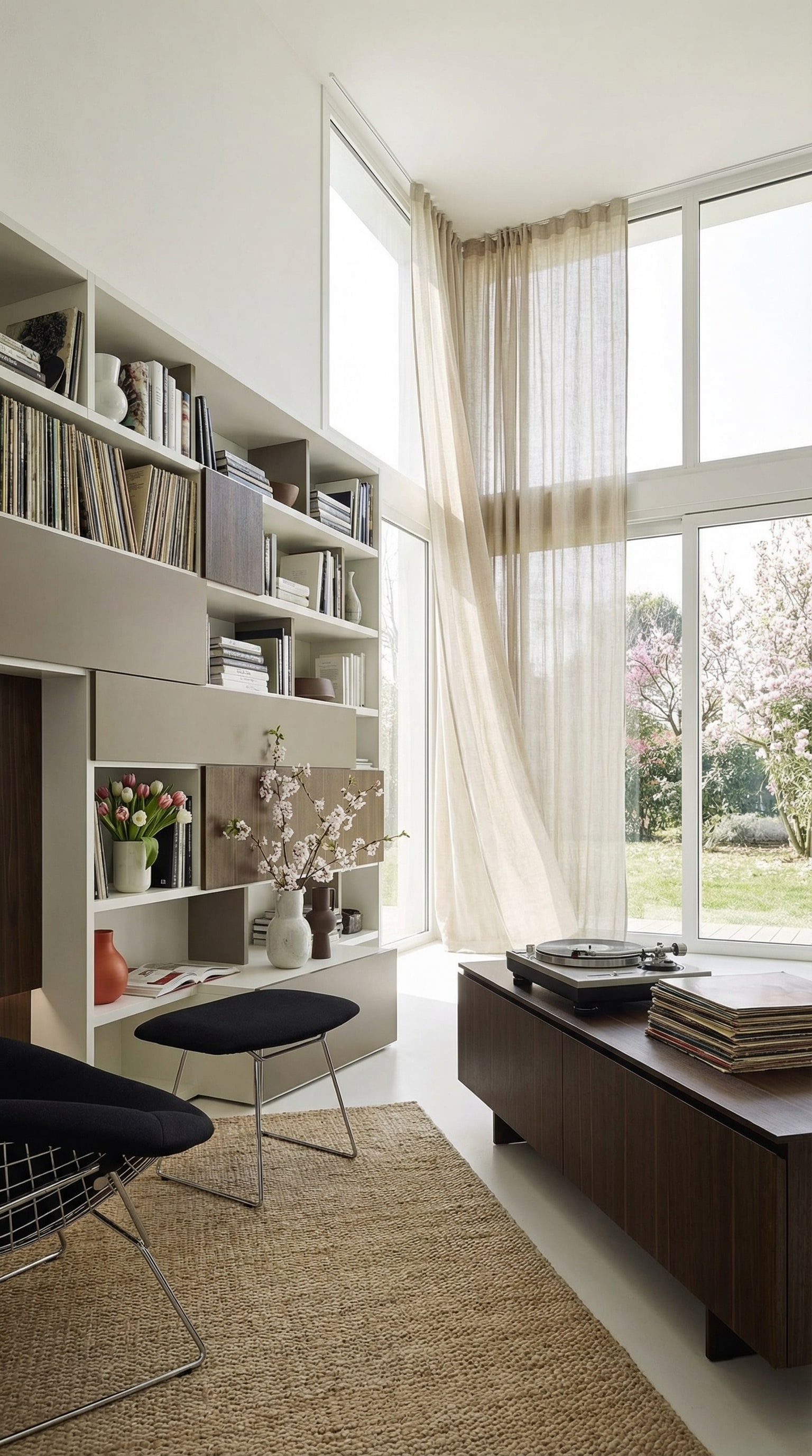 Libreria moderna con dischi in vinile e decorazioni primaverili in un soggiorno luminoso Libreria moderna con dischi in vinile e decorazioni primaverili in un soggiorno luminoso