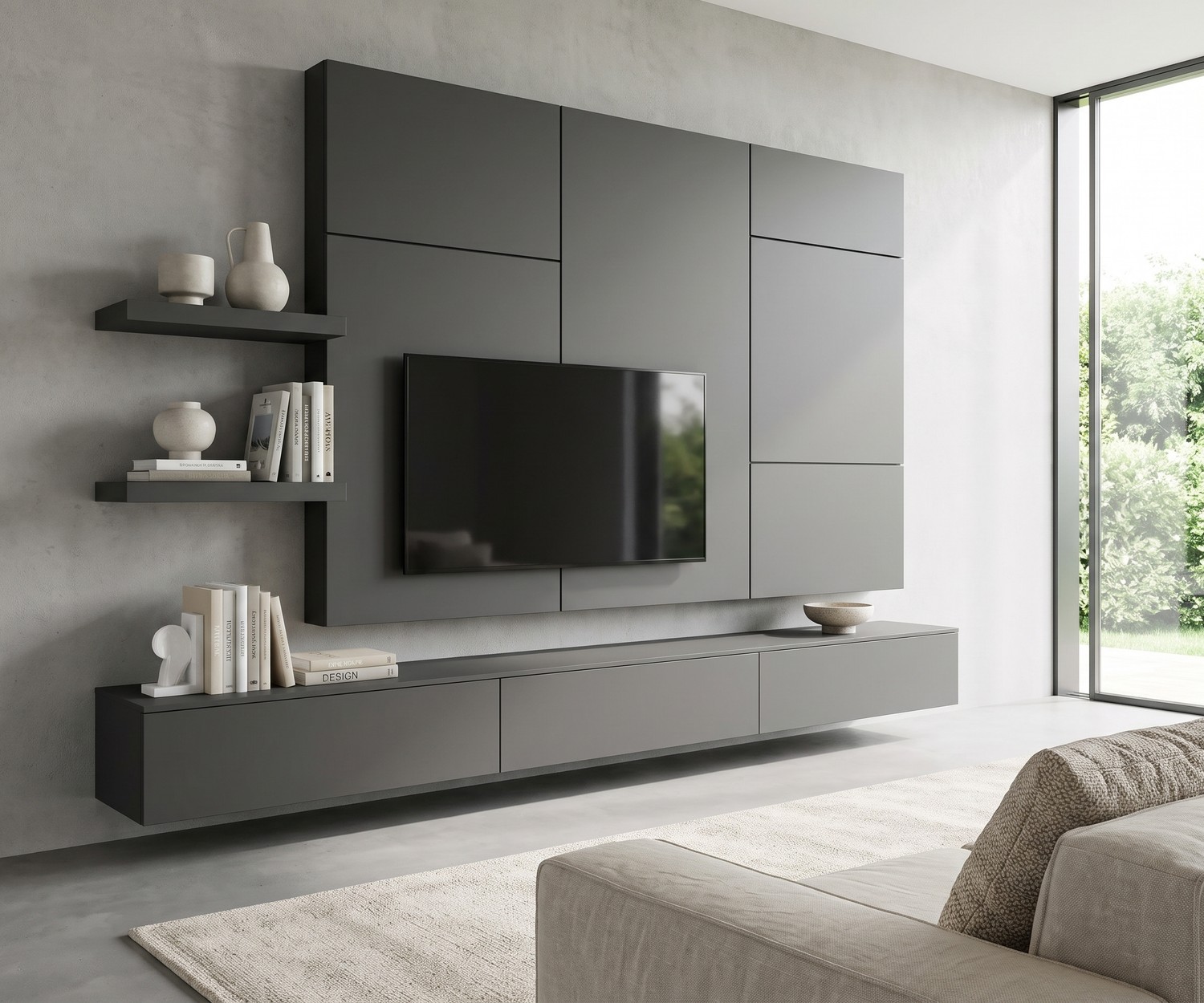 Parete attrezzata TV Livitalia C102 grigia Parete attrezzata TV Livitalia C102 con lowboard sospeso e pannello TV. Mobile soggiorno moderno grigio scuro.