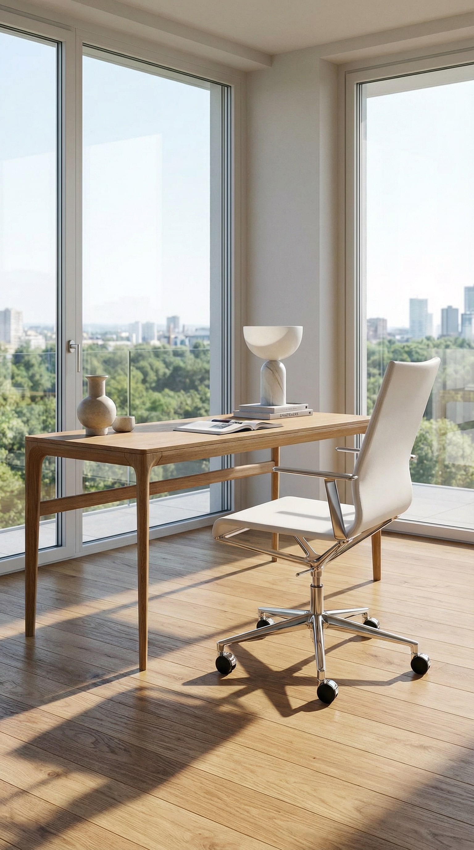 La filigrana ICF Stick ETK B&uuml;rostuhl in un'area home office arredata in stile minimalista con parquet in rovere