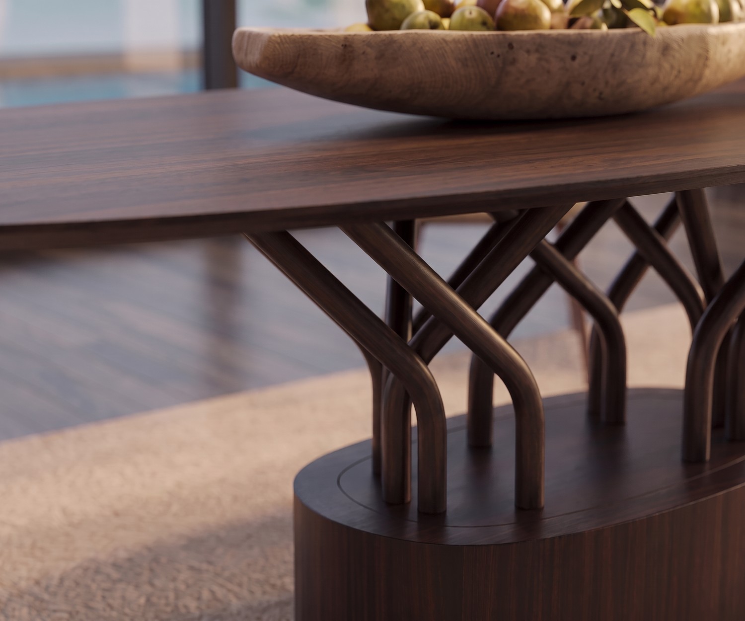Tavolo da pranzo ovale in legno al2 wood-oo in una sala da pranzo moderna con sedie in velluto grigio.