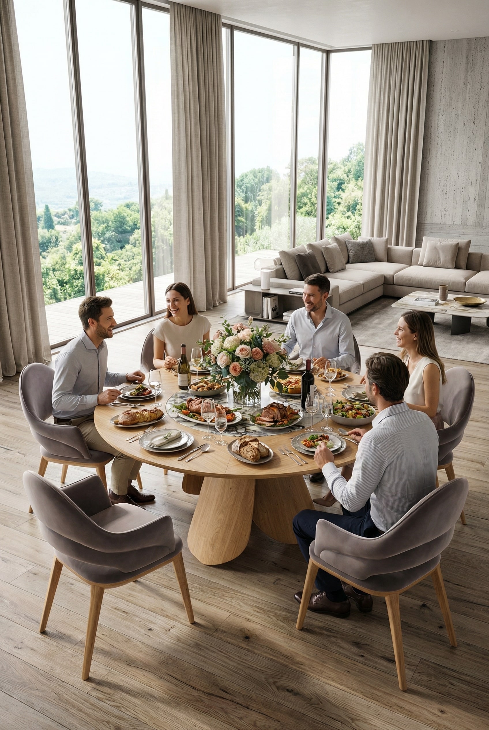 Tavolo da pranzo rotondo in legno Ozzio Veliero in una sala da pranzo moderna