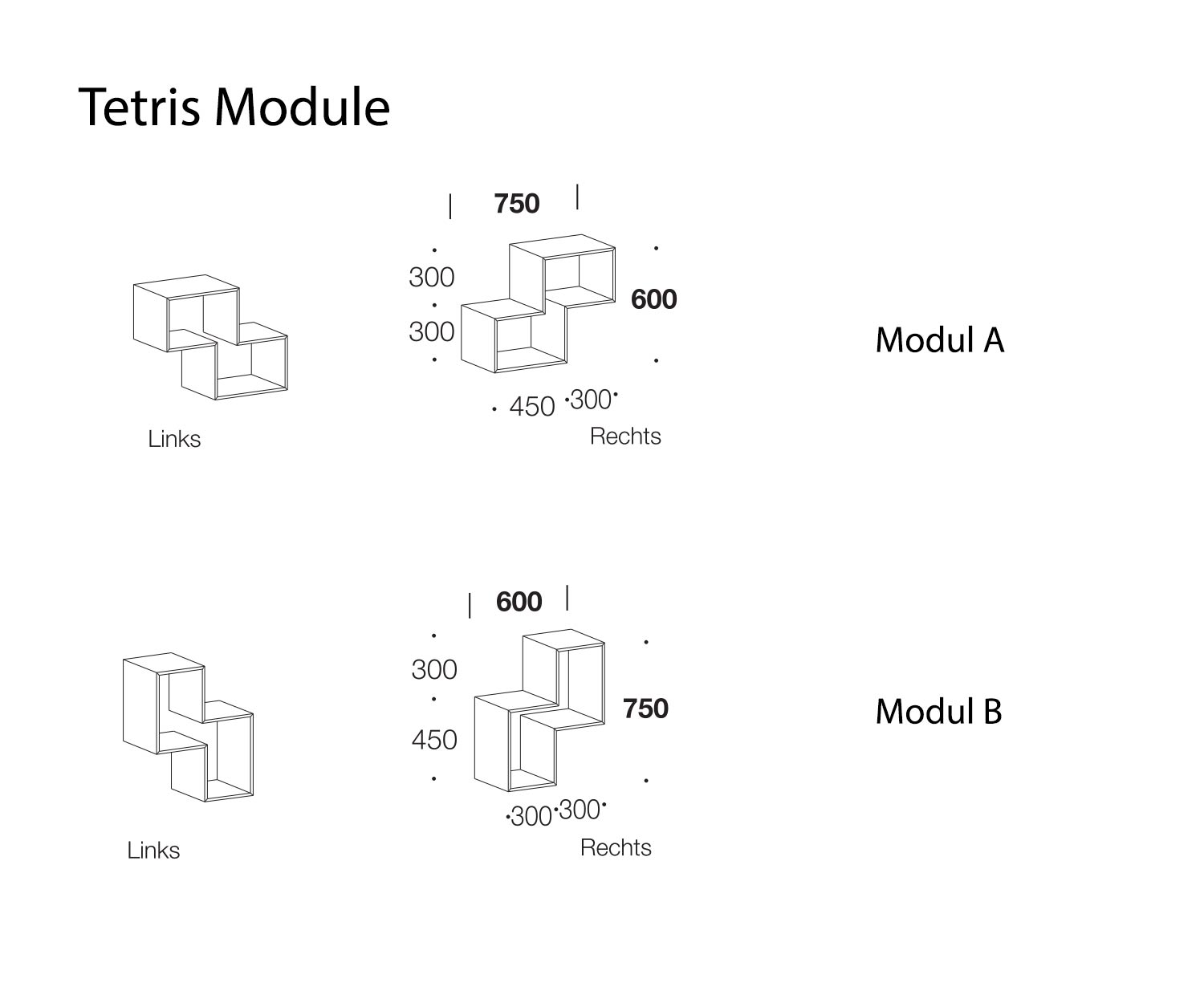 Livitalia Dimensioni dello schizzo dei moduli A e B dello scaffale Tetris