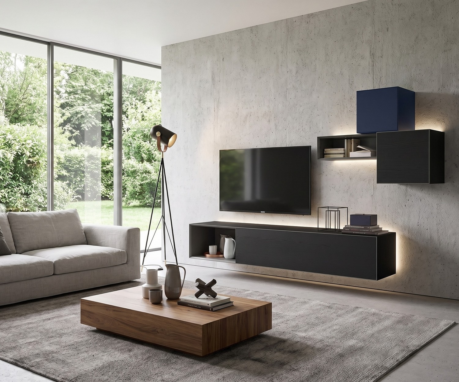 Mobile TV sospeso Livitalia Minimal in rovere scuro con illuminazione LED per un soggiorno moderno dal design minimale.