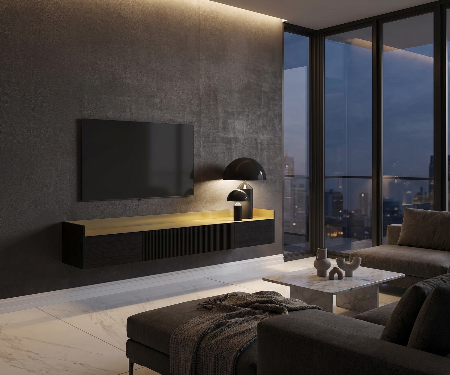 Mobile TV sospeso Punt Stockholm Slim in legno con top dorato in un soggiorno moderno.