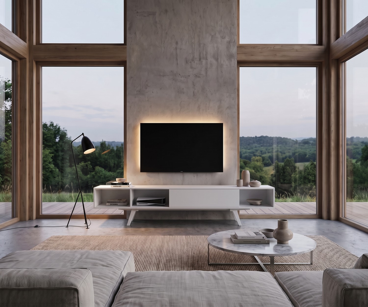 Mobile TV basso e-klipse 005 per il soggiorno. Porta TV di design bianco moderno sotto la televisione a parete.