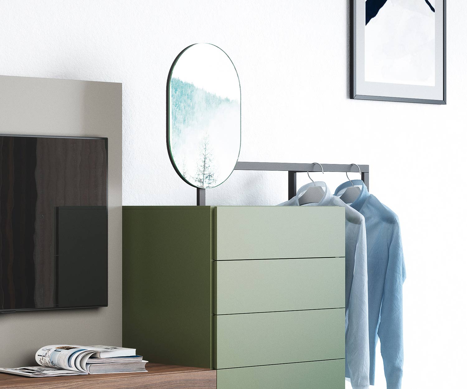 Pratica cassettiera di design Novamobili Easy 9 con specchio e asta appendiabiti Pratica cassettiera di design Novamobili Easy 9 con specchio e asta appendiabiti