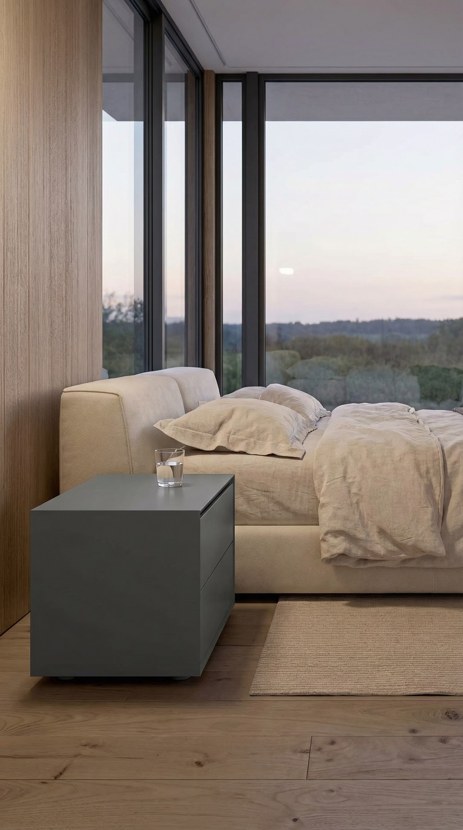 Comodino Capo d'Opera Quarantacinque senza soluzione di continuità in una camera da letto senza tecnologia Comodino Capo d'Opera Quarantacinque senza soluzione di continuità in una camera da letto senza tecnologia