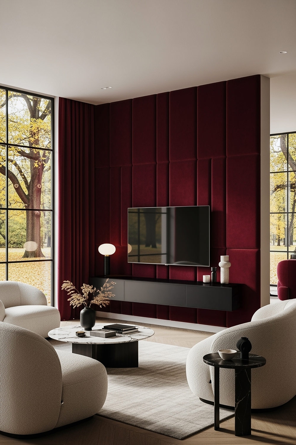 parete TV con pannello in velluto rosso per un accogliente home cinema