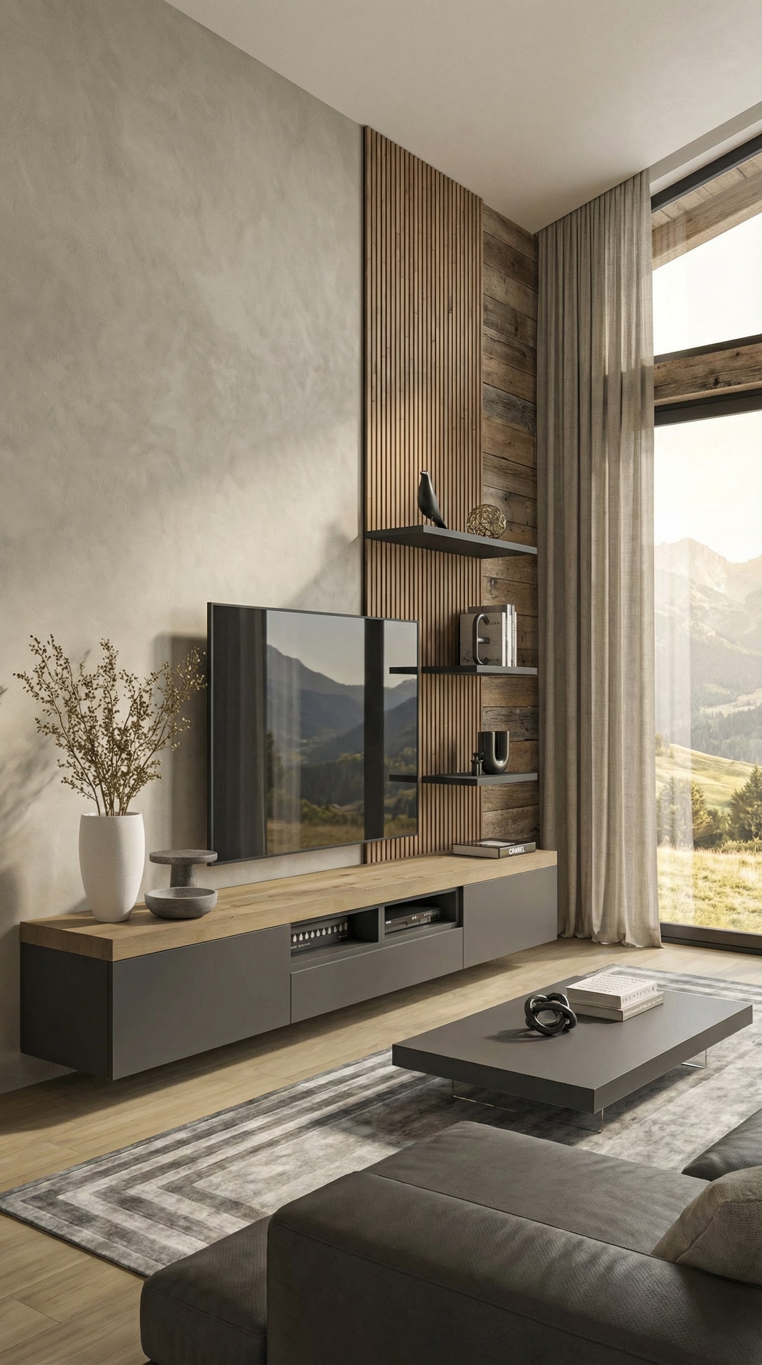 Moderno lowboard laccato opaco con elegante piano di copertura in legno in lussuoso stile chalet