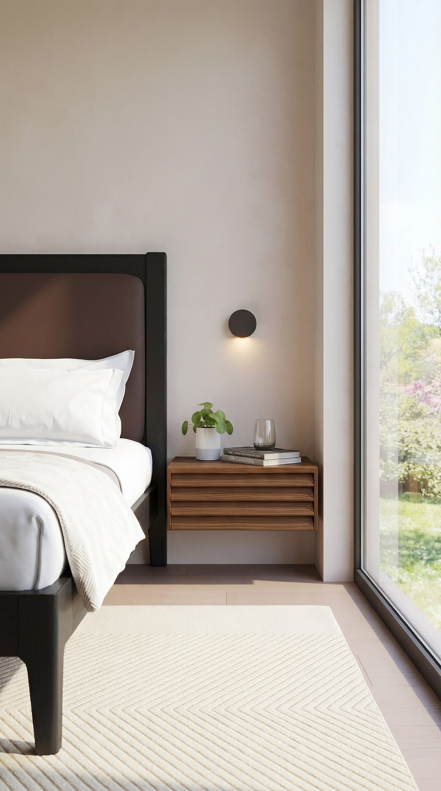 Comodino sospeso in legno di noce scuro accanto a un letto accogliente