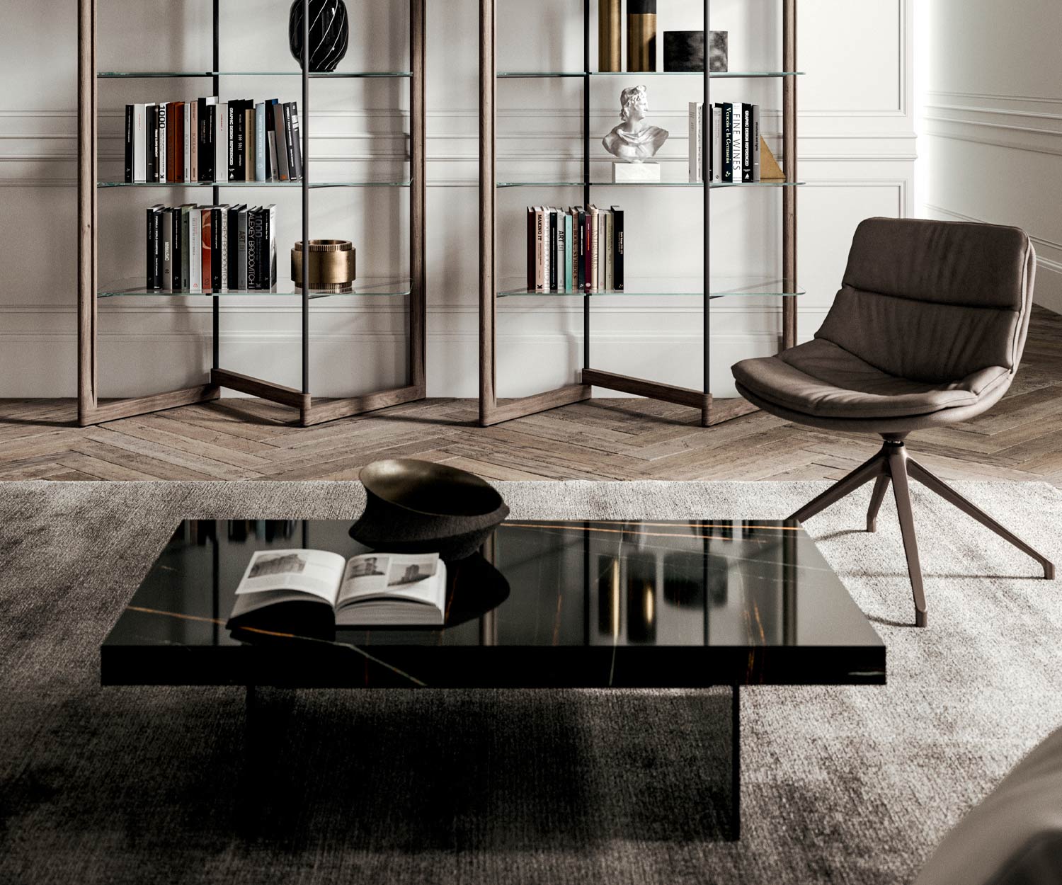 Tavolino Bellagio con piano nero di Ozzio chiuso in soggiorno Tavolino Bellagio con piano nero di Ozzio chiuso in soggiorno