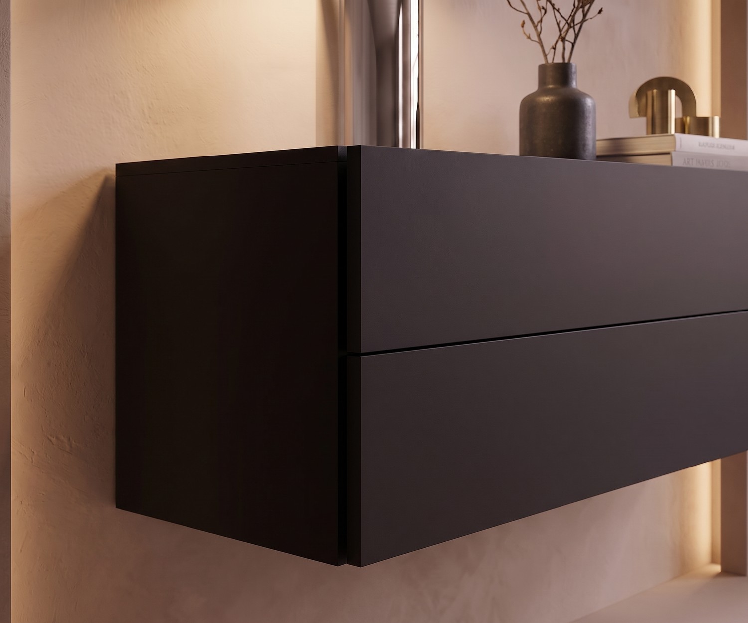 Cassettiera sospesa per camera da letto Easy di Novamobili in nero opaco, design moderno e minimalista con due cassetti.