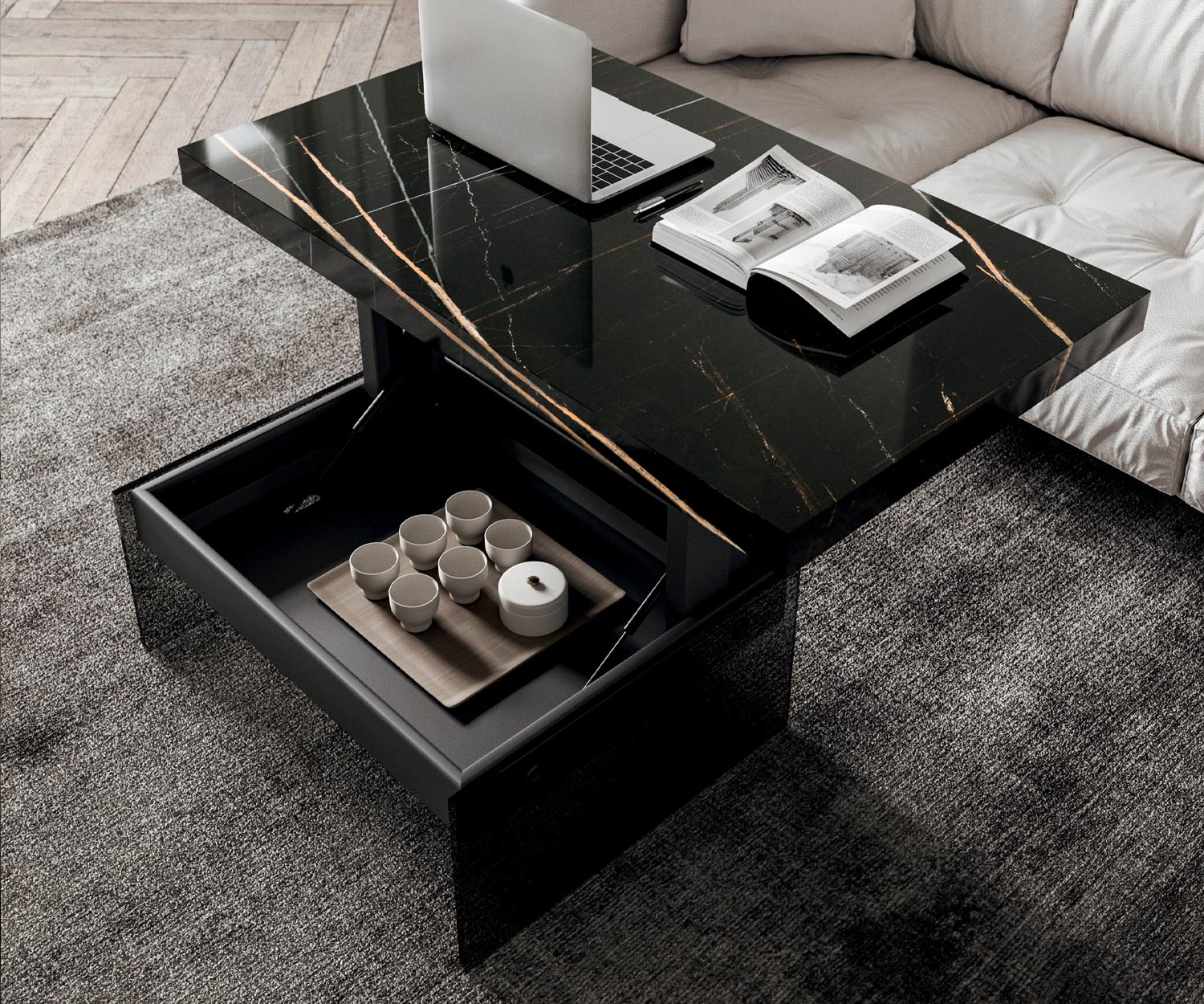 Tavolino aperto Bellagio di Ozzio con piano in marmo nero e vetro Tavolino aperto Bellagio di Ozzio con piano in marmo nero e vetro